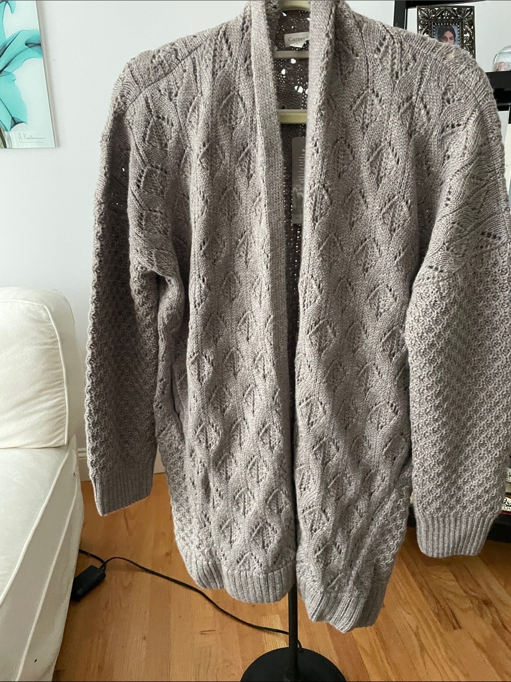 Alpaca Open-Front Knit Cardigan Sweater in Taupe
